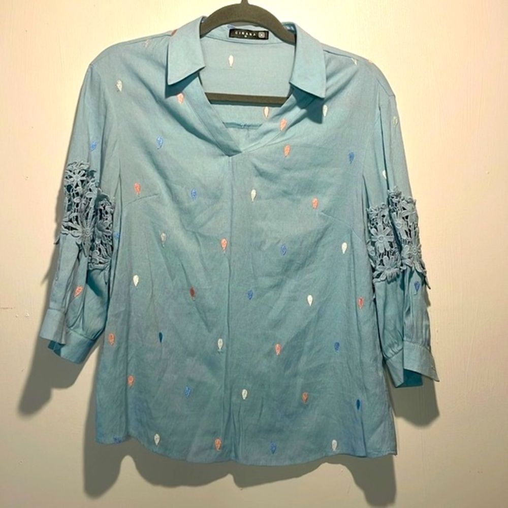 𝅺Cirana- Light Blue Embroidered Balloons Boho Peasant-Style Crochet Top- Size M